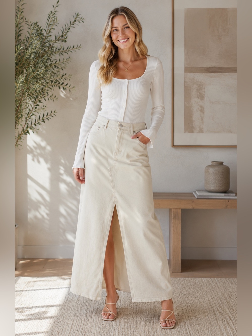 NWT American Eagle Cream Denim Low Rise Maxi Skirt